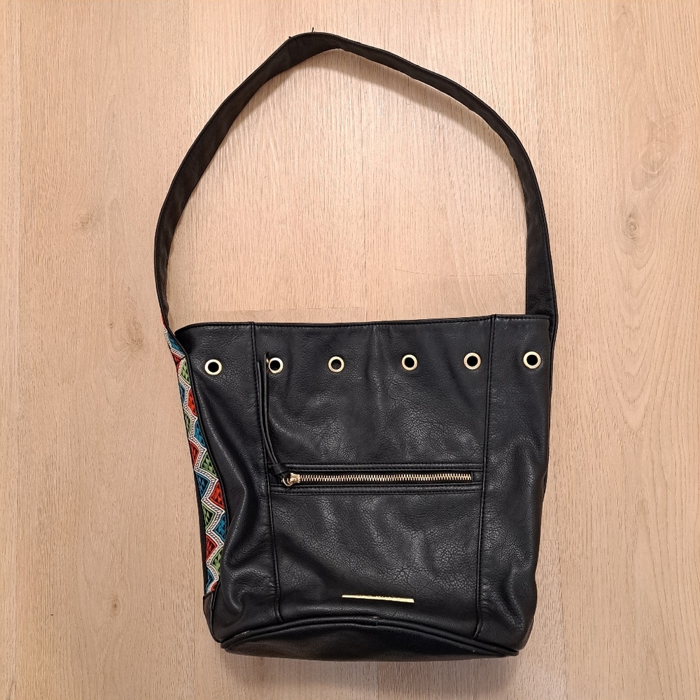 Steve‎ Madden Black Faux Leather Colorful Aztec Strap Studded Medium Bag Purse